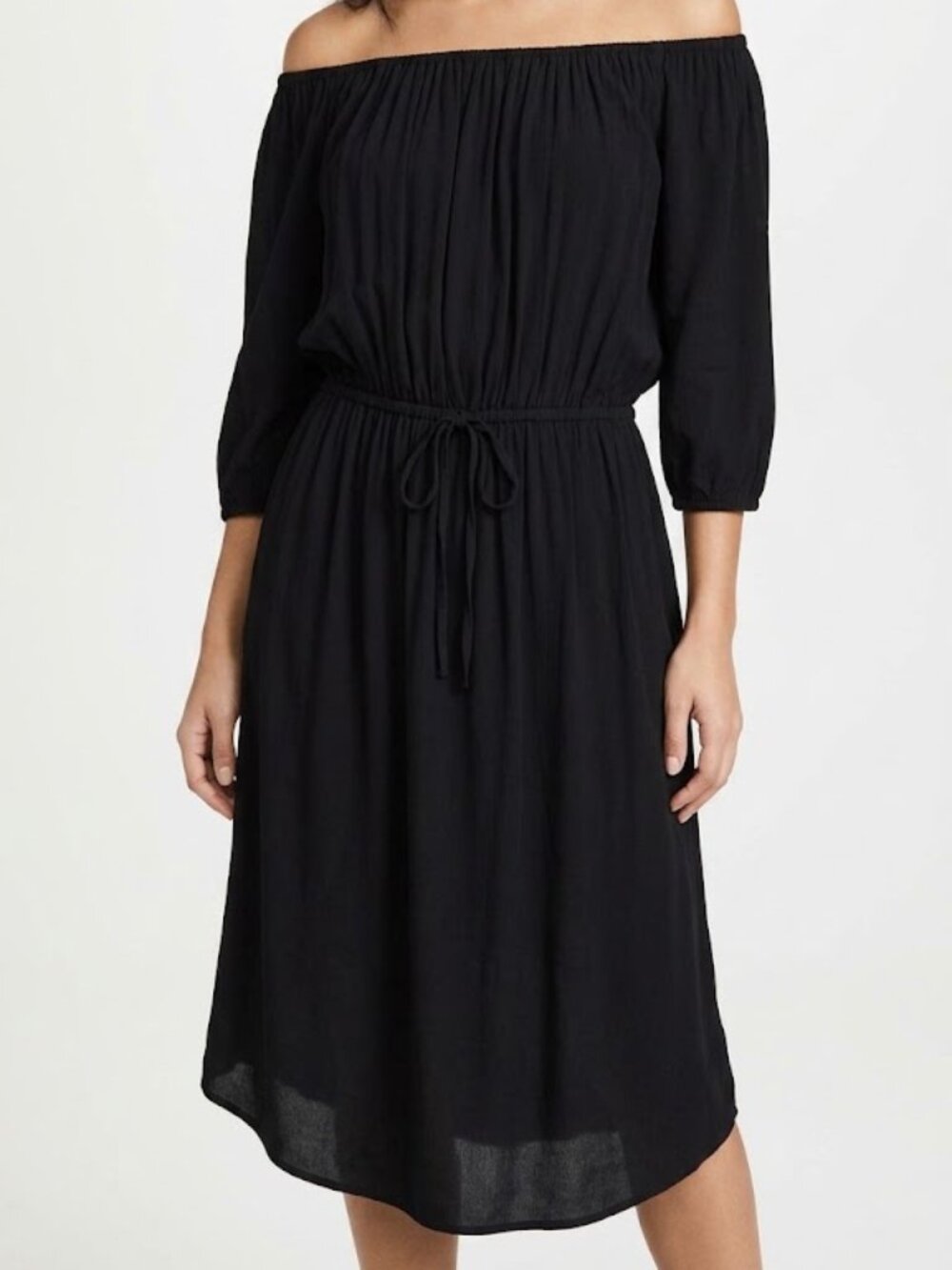 Who What Wear 3/4-Sleeve, tie waist, Off-the-Shoulder, Black Midi Dress Size L